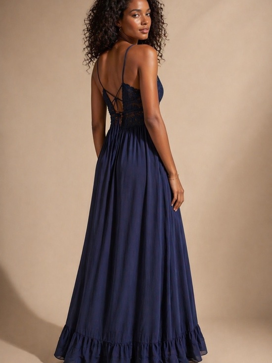 Magnolia Boutique Dresses & Skirts - Magnolia -Navy Lace-Back Boho- Maxi Dress